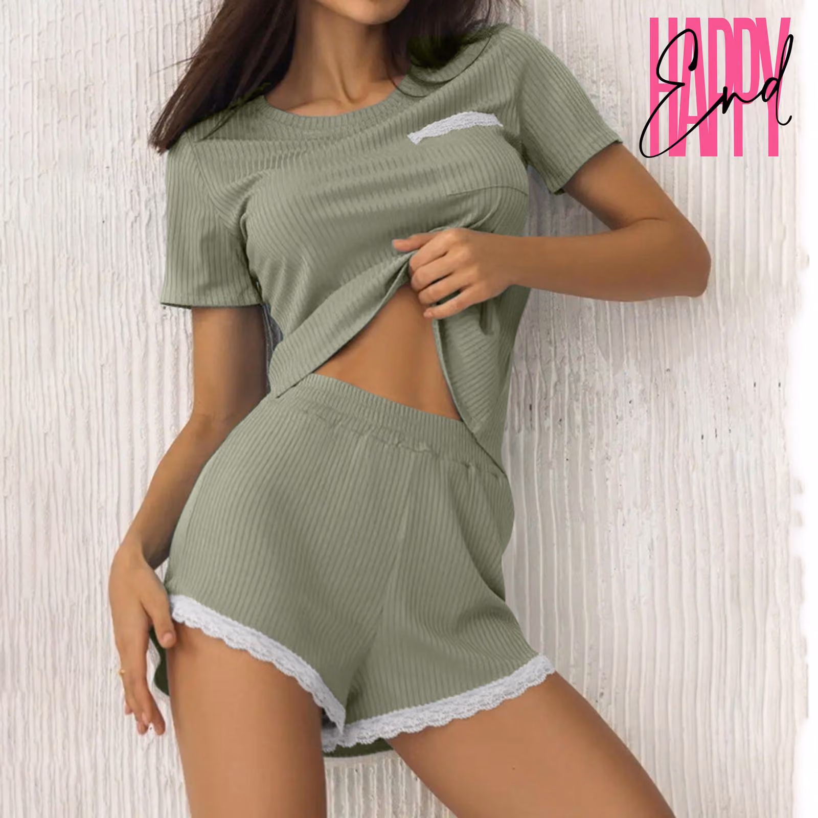 Женская пижама с шортами и кружевными вставками, зеленый, S